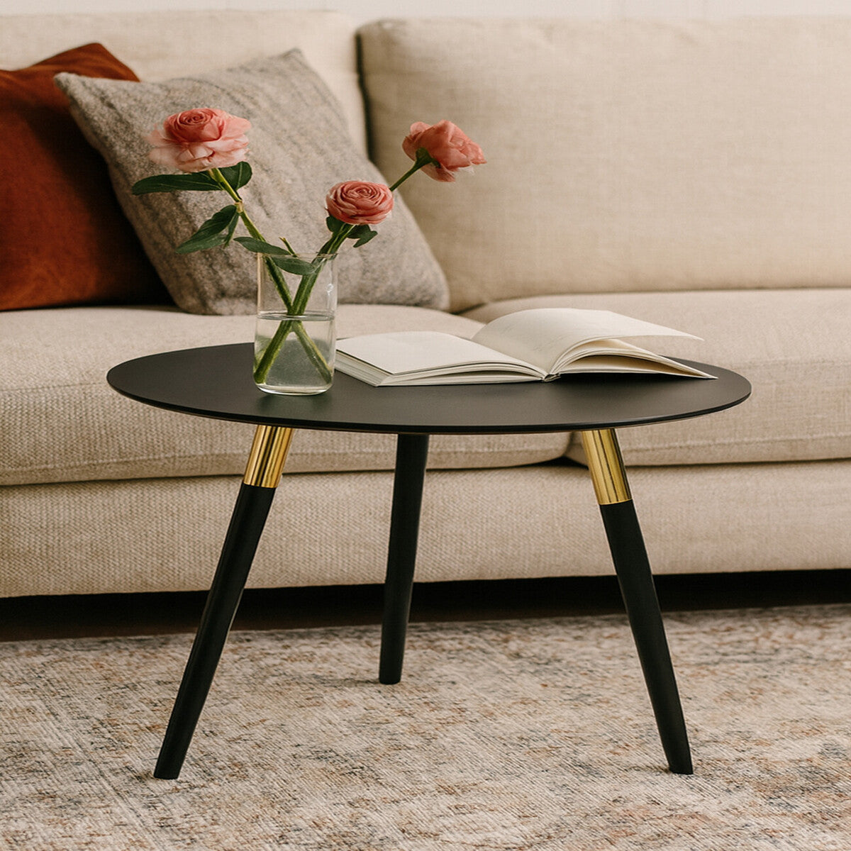 Black Oak Veneer Round Coffee Table with Gold Trim
