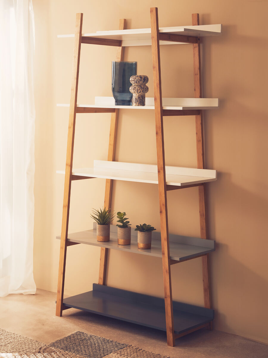 White and Natural Bamboo 5 Tier Shelf Unit