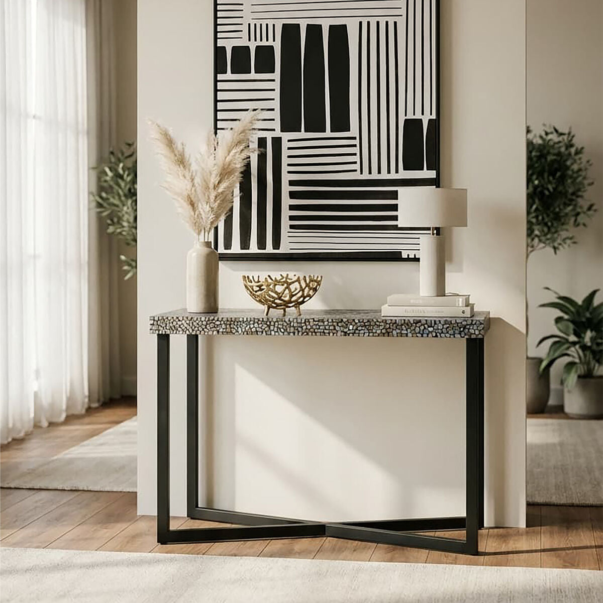 Black Crackle Shell Mosaic Console Table