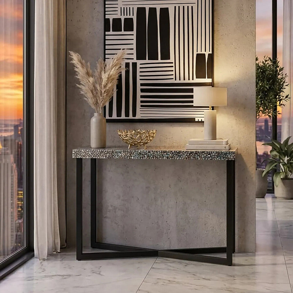 Black Crackle Shell Mosaic Console Table