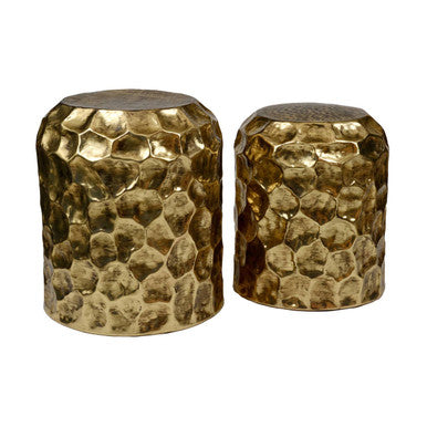 Textured Antique Brown Brass Finish Metal Set of 2 Drum Side Tables