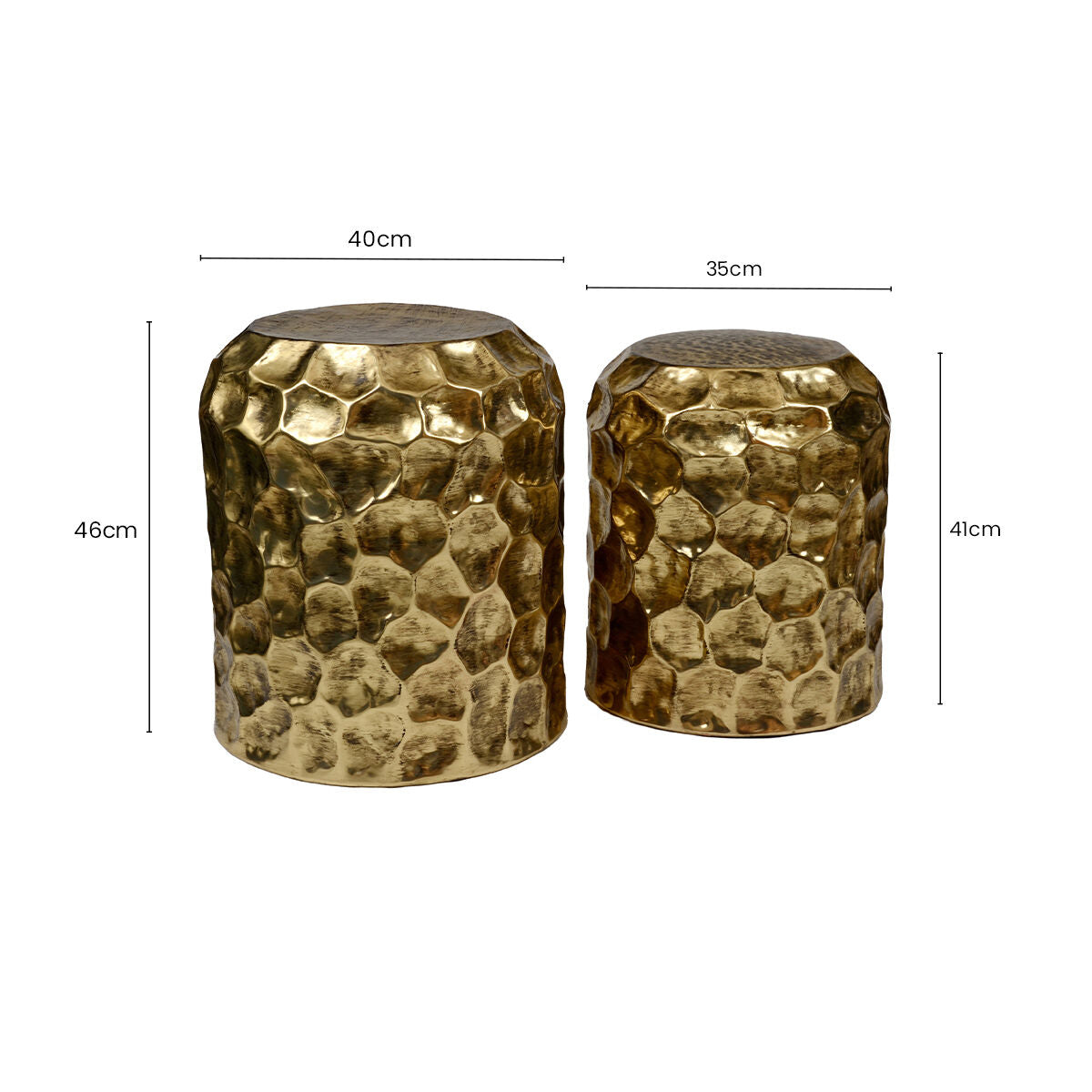 Textured Antique Brown Brass Finish Metal Set of 2 Drum Side Tables