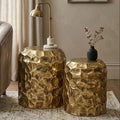 Textured Antique Brown Brass Finish Metal Set of 2 Drum Side Tables