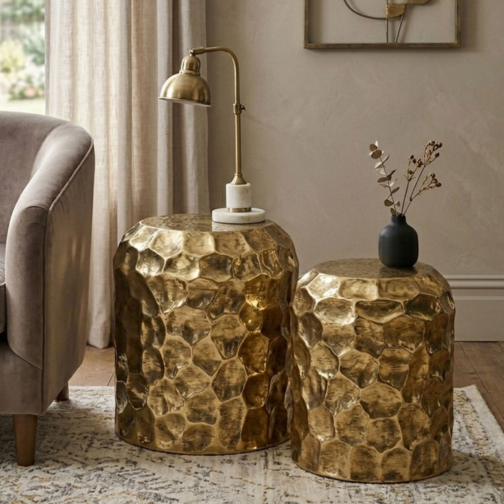 Textured Antique Brown Brass Finish Metal Set of 2 Drum Side Tables