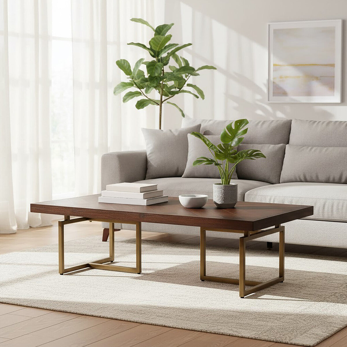 Acacia Veneer Coffee Table with Antique Brass Finish Legs