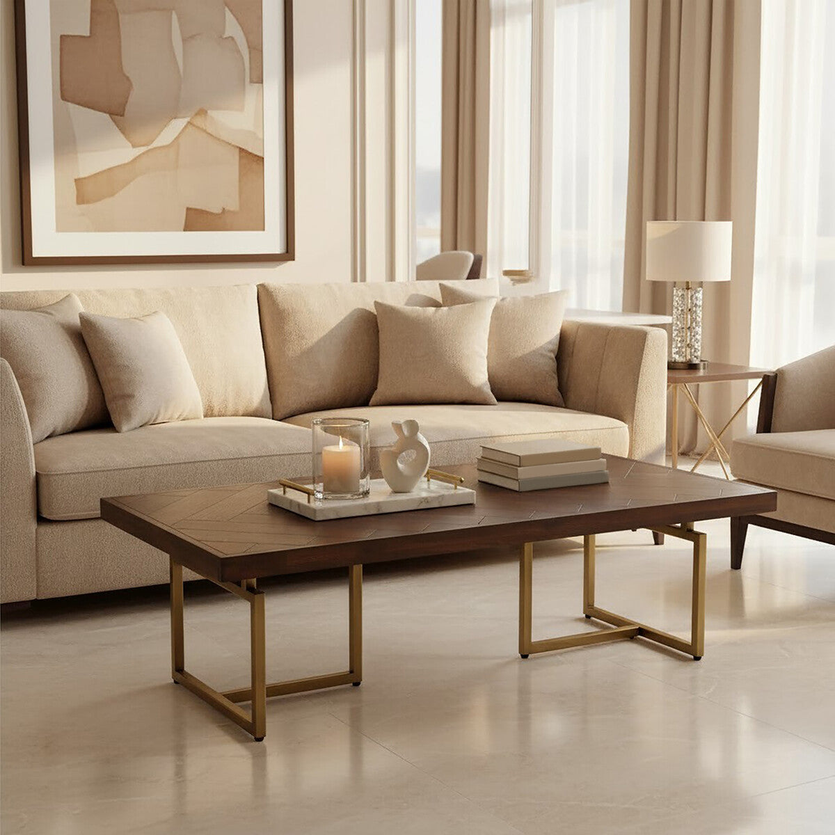 Acacia Veneer Coffee Table with Antique Brass Finish Legs