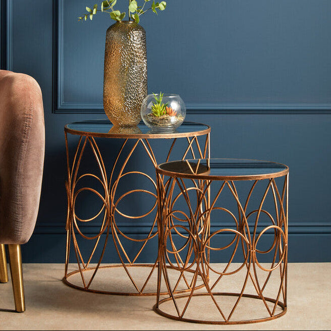 Antique Copper Finish Set of 2 Round Side Tables
