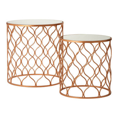 Copper Finish Set of 2 Round Side Tables with Arabesque Design