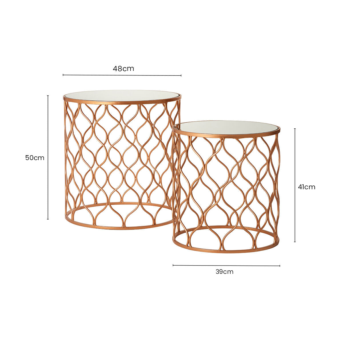 Copper Finish Set of 2 Round Side Tables with Arabesque Design