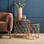 Copper Finish Set of 2 Round Side Tables with Arabesque Design