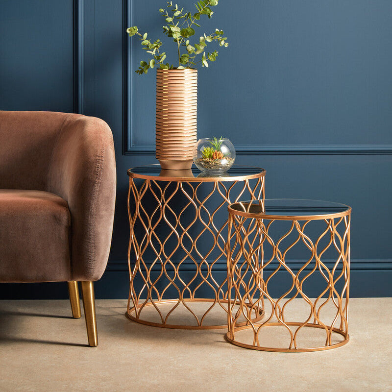 Copper Finish Set of 2 Round Side Tables with Arabesque Design