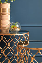 Copper Finish Set of 2 Round Side Tables with Arabesque Design