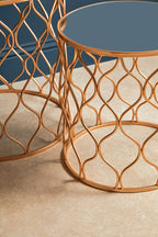 Copper Finish Set of 2 Round Side Tables with Arabesque Design