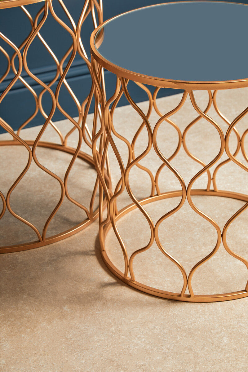 Copper Finish Set of 2 Round Side Tables with Arabesque Design