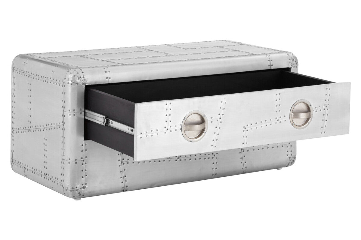 Silver Aluminium Plated Mango Wood Coffee Table with Sliding Storage Drawer