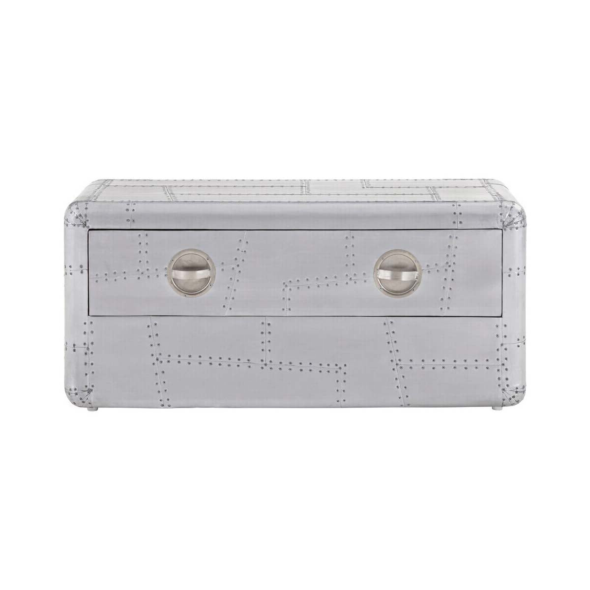 Silver Aluminium Plated Mango Wood Coffee Table with Sliding Storage Drawer