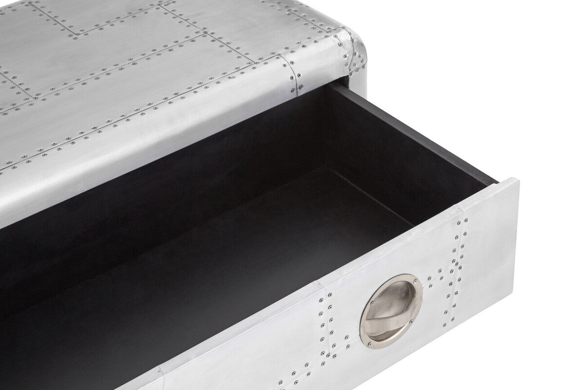 Silver Aluminium Plated Mango Wood Coffee Table with Sliding Storage Drawer