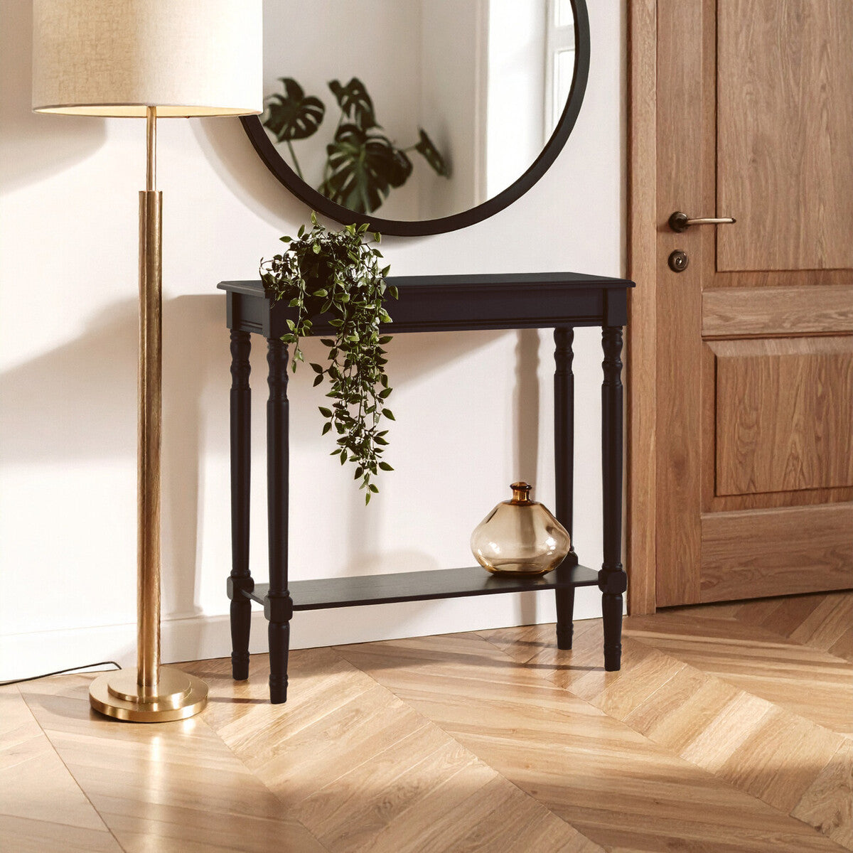 Black Wooden Console Table with Lower Shelf