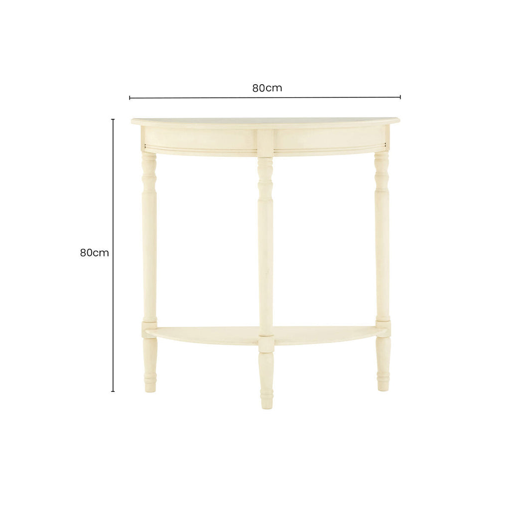 Ivory Wooden Half Moon Console Table with Lower Shelf