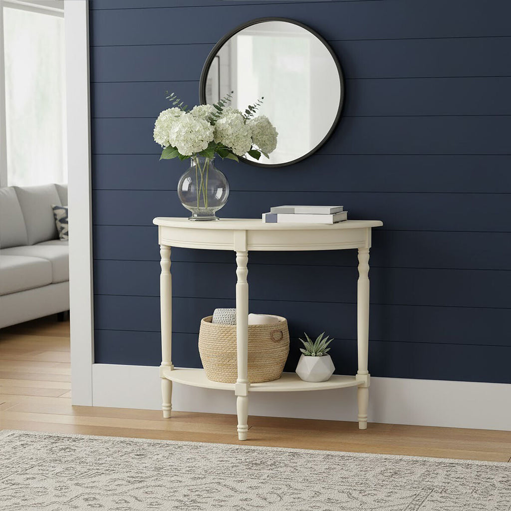 Ivory Wooden Half Moon Console Table with Lower Shelf