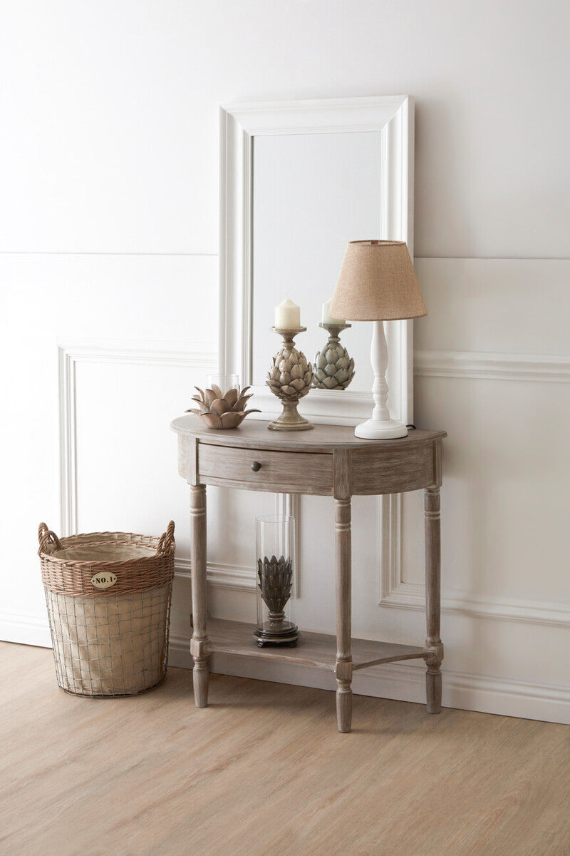 Natural Wash Wooden Half Moon 1 Drawer Console Table with Lower Shelf