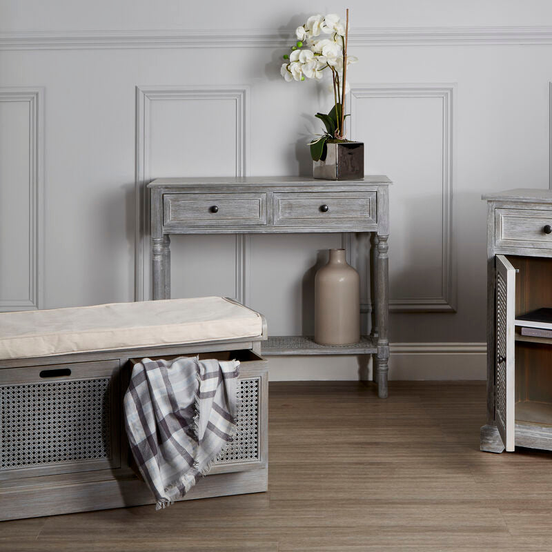 Grey Wash Wooden 2 Drawer Console Table with Lower Shelf