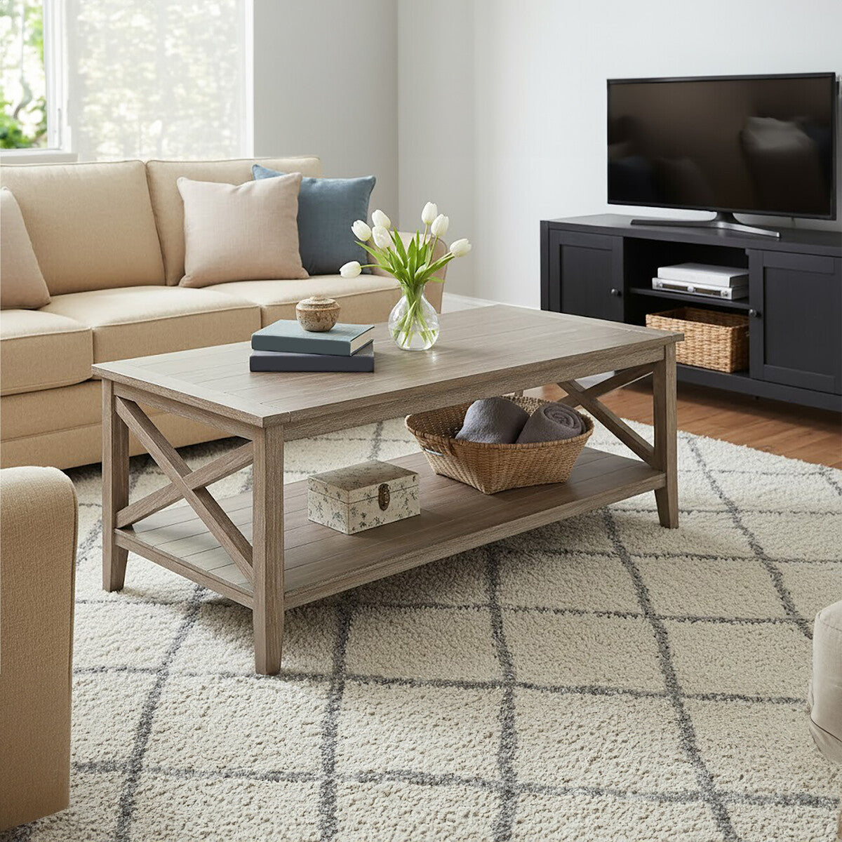 Natural Wash Wooden Coffee Table with Lower Shelf