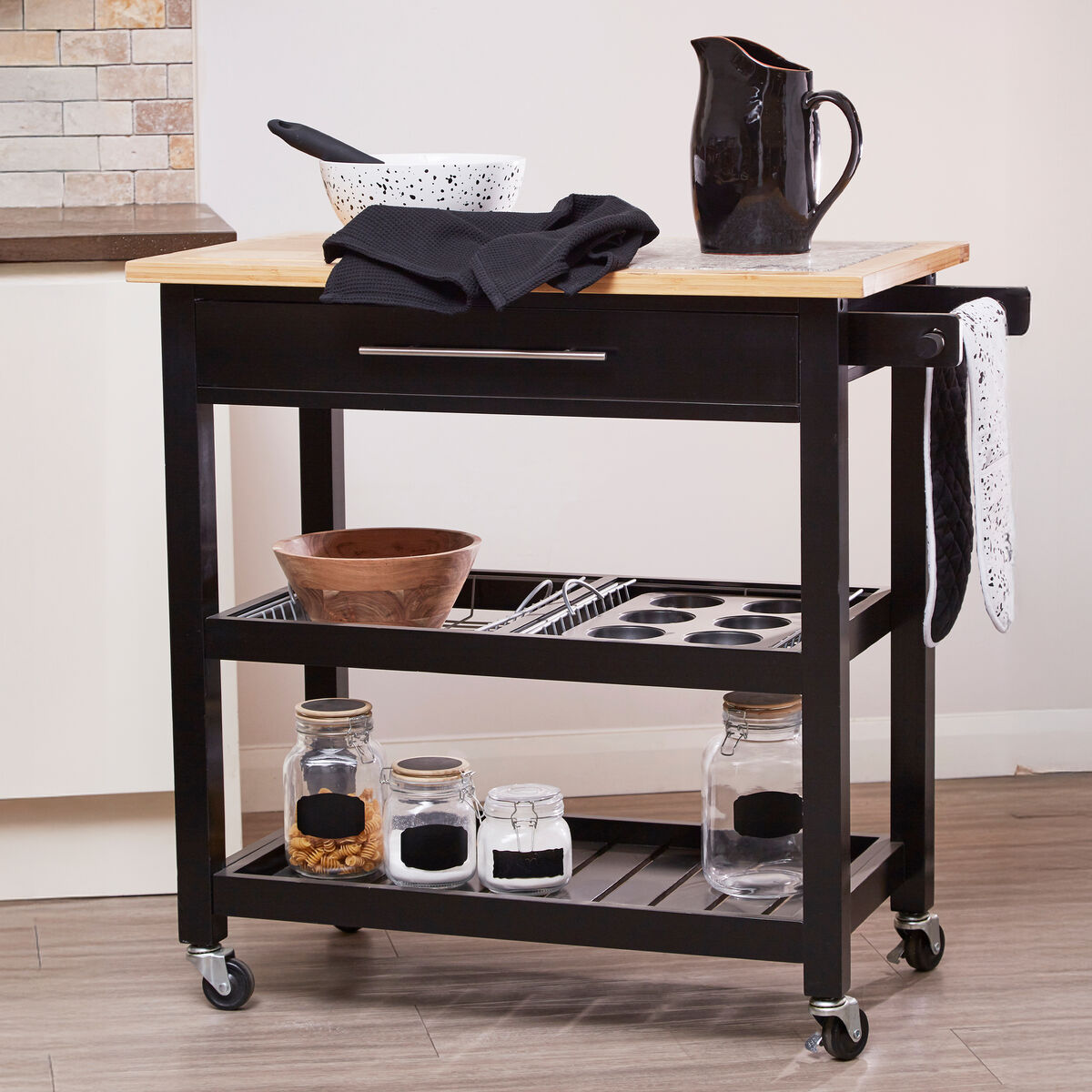 Black Kitchen Trolley with Granite Chopping Surface