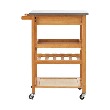 Natural Bamboo One Drawer Kitchen Trolley with Stainless Steel Worktop