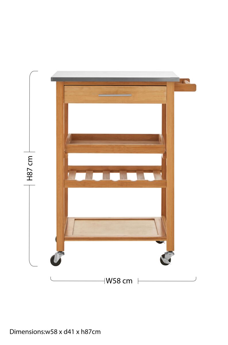 Natural Bamboo One Drawer Kitchen Trolley with Stainless Steel Worktop