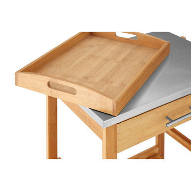 Natural Bamboo One Drawer Kitchen Trolley with Stainless Steel Worktop