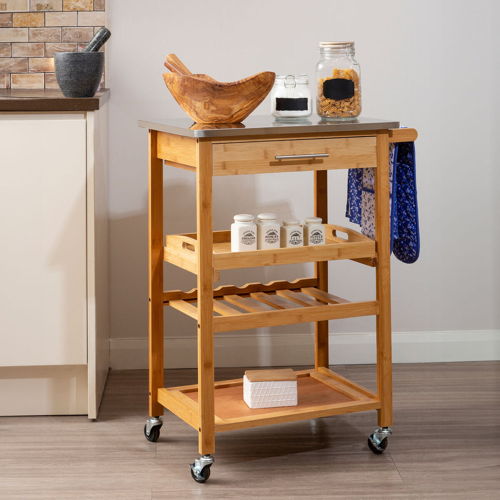 Natural Bamboo One Drawer Kitchen Trolley with Stainless Steel Worktop
