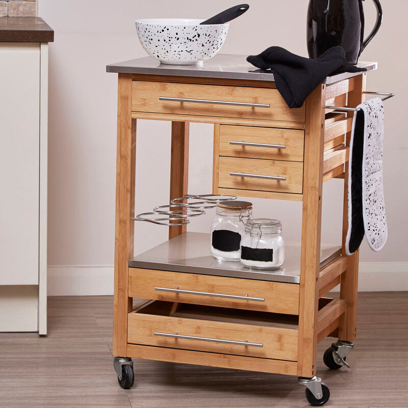 Natural Bamboo 4 Drawer Kitchen Trolley