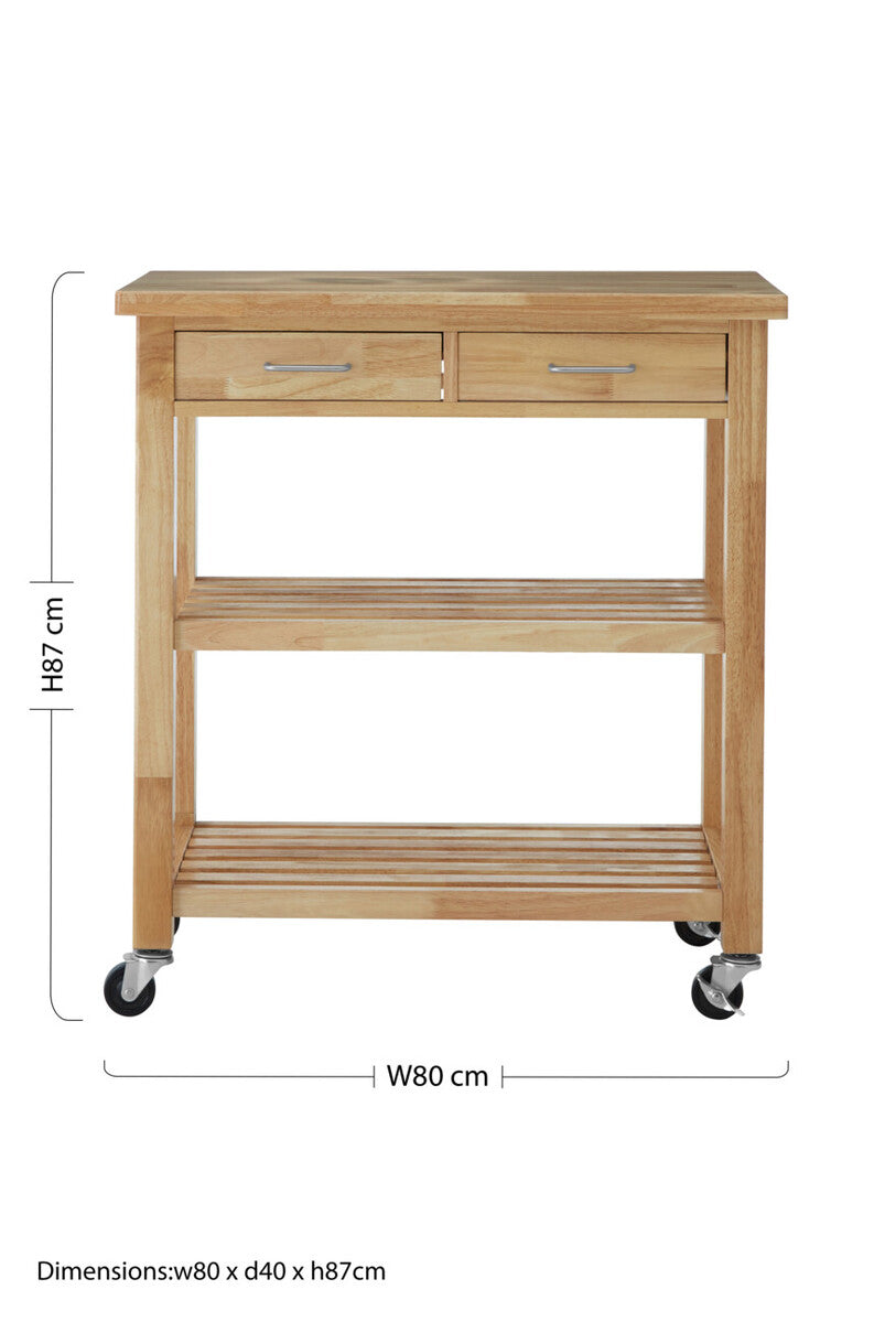 Natural Tropical Hevea Wood 2 Drawer Kitchen Trolley