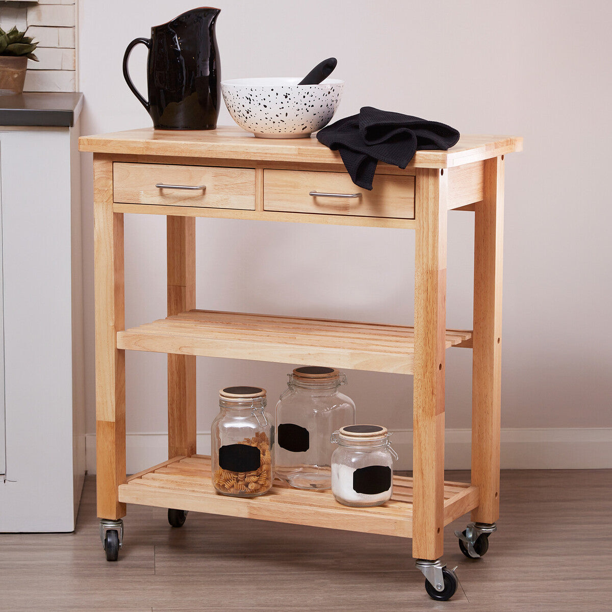 Natural Tropical Hevea Wood 2 Drawer Kitchen Trolley