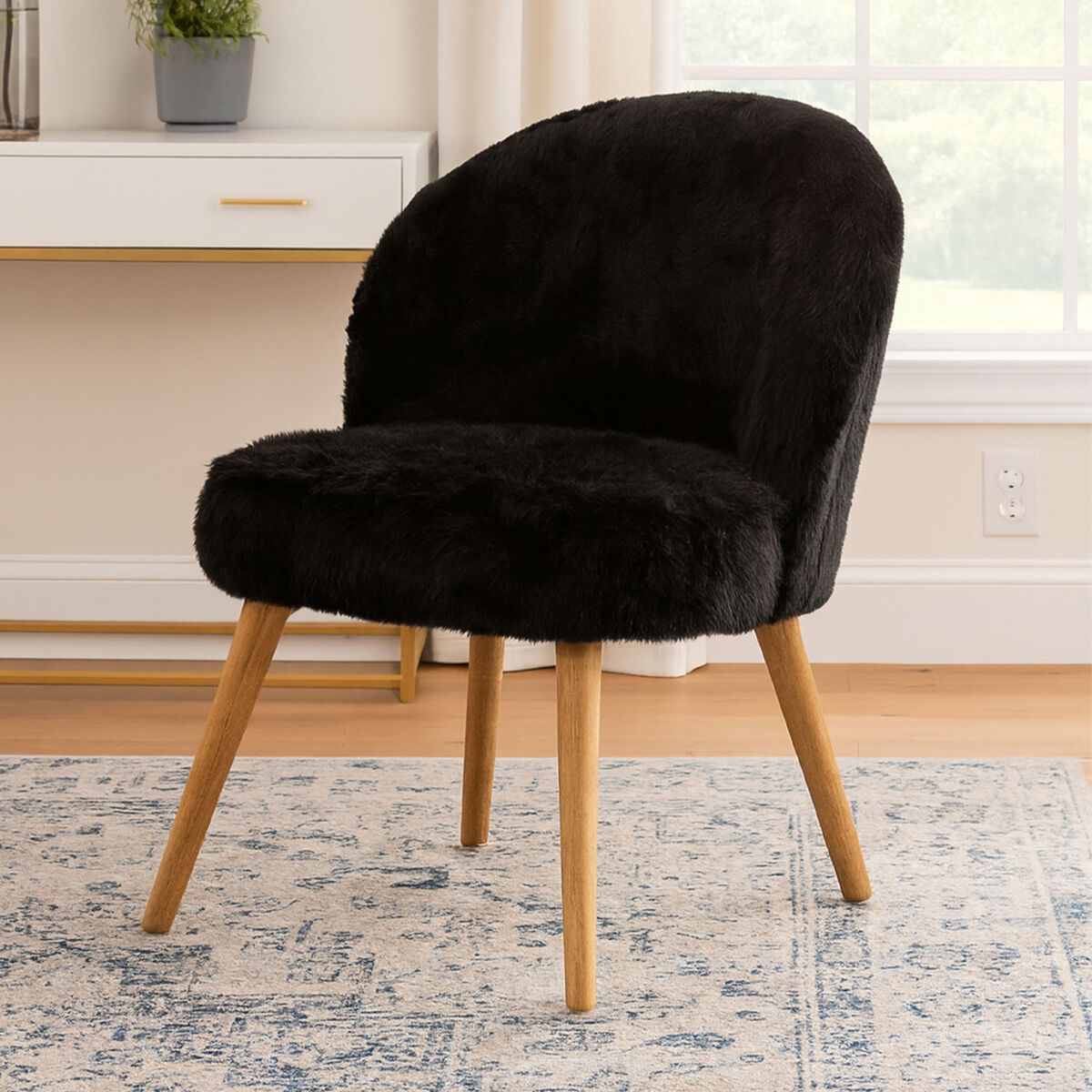 Black Faux Fur Chair with Wooden Legs