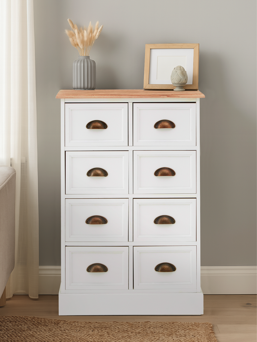 White and Natural Wooden 8 Drawer Chest