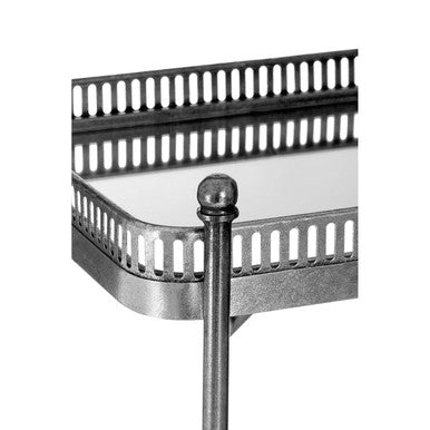 Antique Silver Finish Mirrored Tray Table with 2 Removable Trays and Lattice Detail Iron Frame