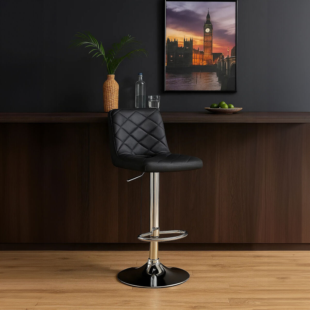 Diamond Quilted Grey Faux Leather Bar Chair