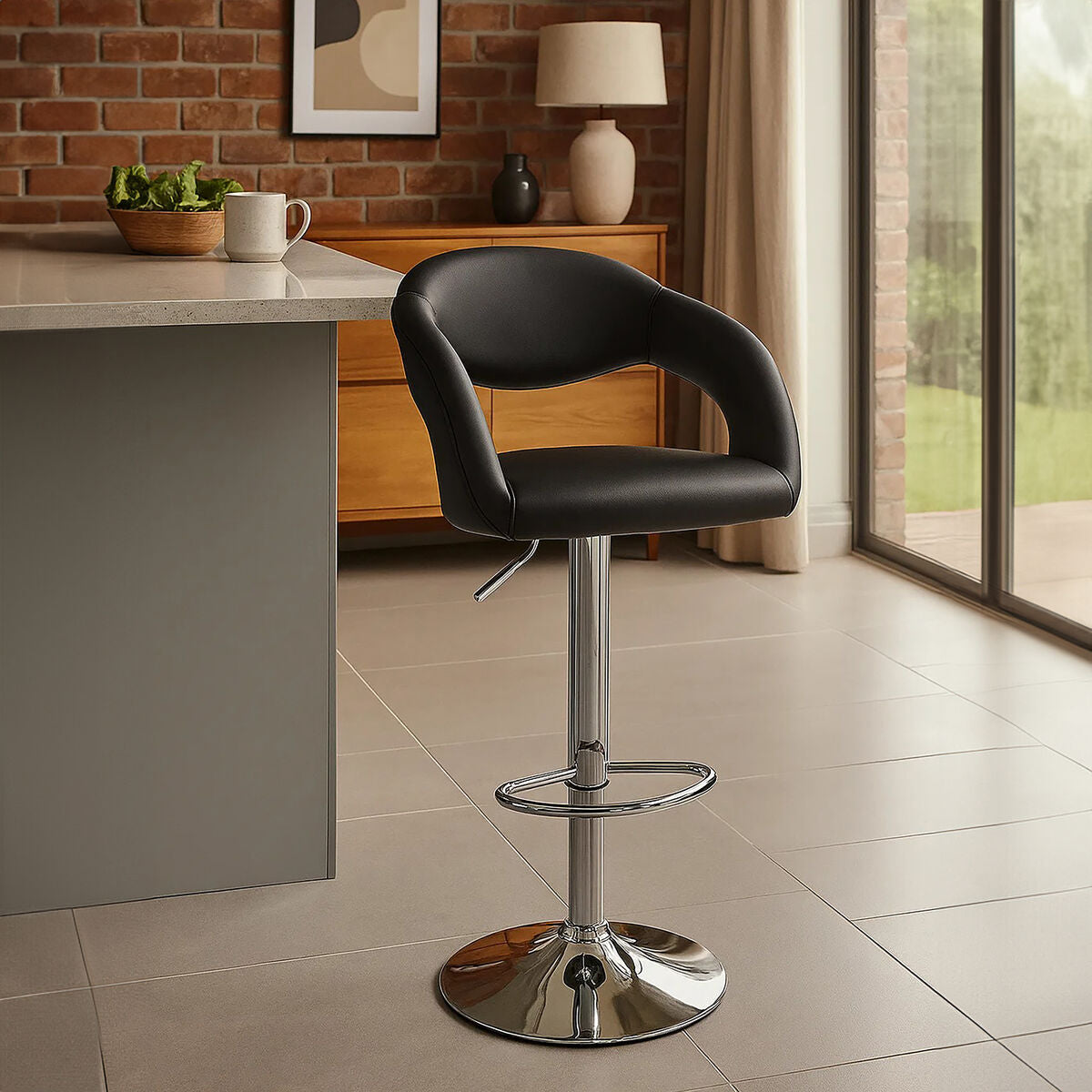 Black Faux Leather Bar Chair with Angled Back