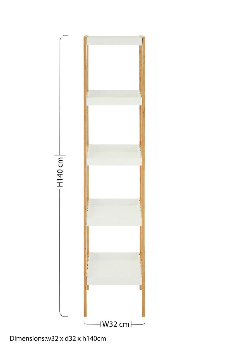 Five Tiered White and Natural Shelf Unit