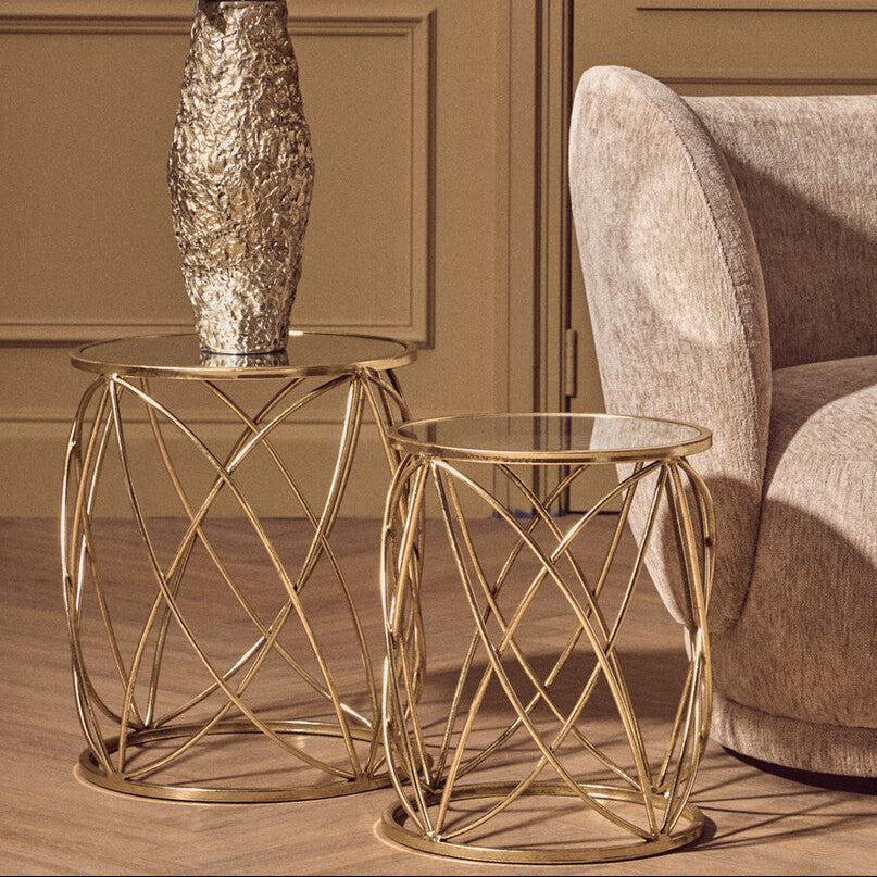 Gold Finish Set of 2 Side Tables with Mirror Top