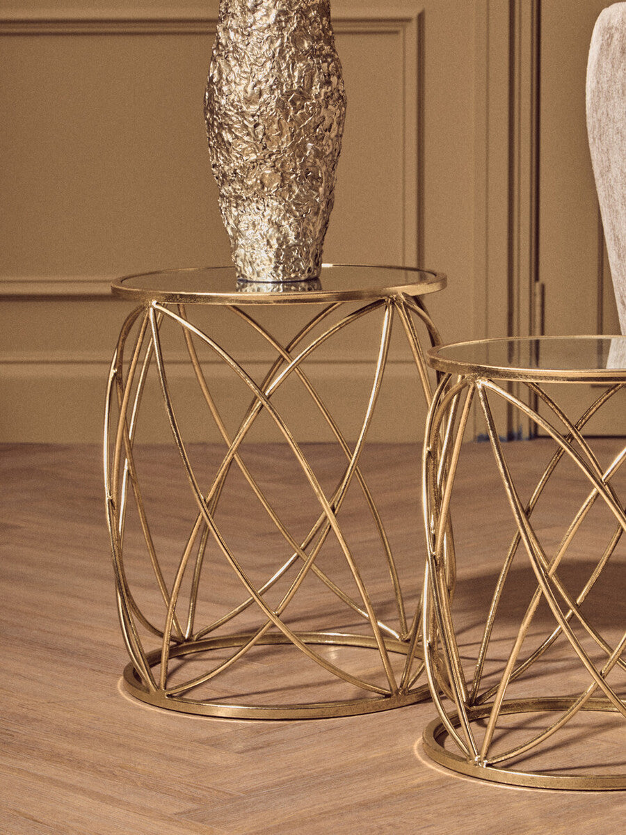 Gold Finish Set of 2 Side Tables with Mirror Top