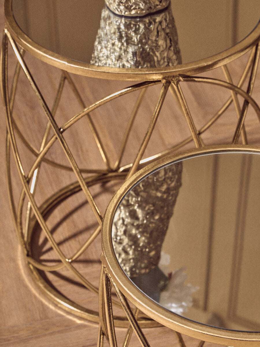 Gold Finish Set of 2 Side Tables with Mirror Top