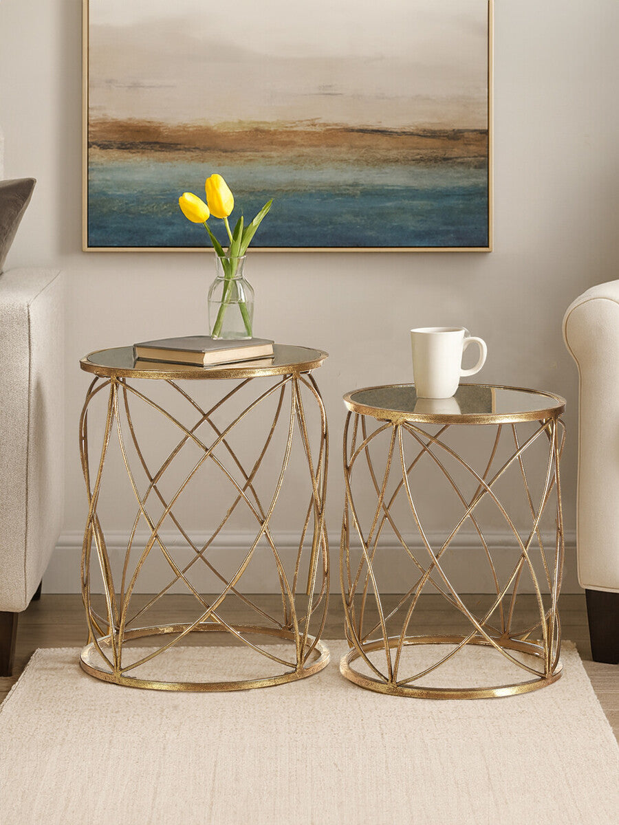 Gold Finish Set of 2 Side Tables with Mirror Top