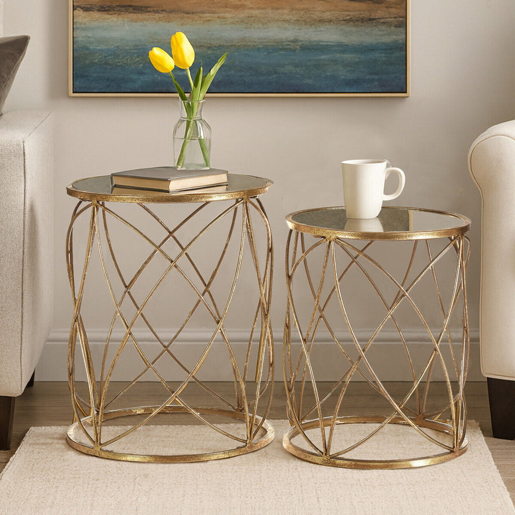 Gold Finish Set of 2 Side Tables with Mirror Top