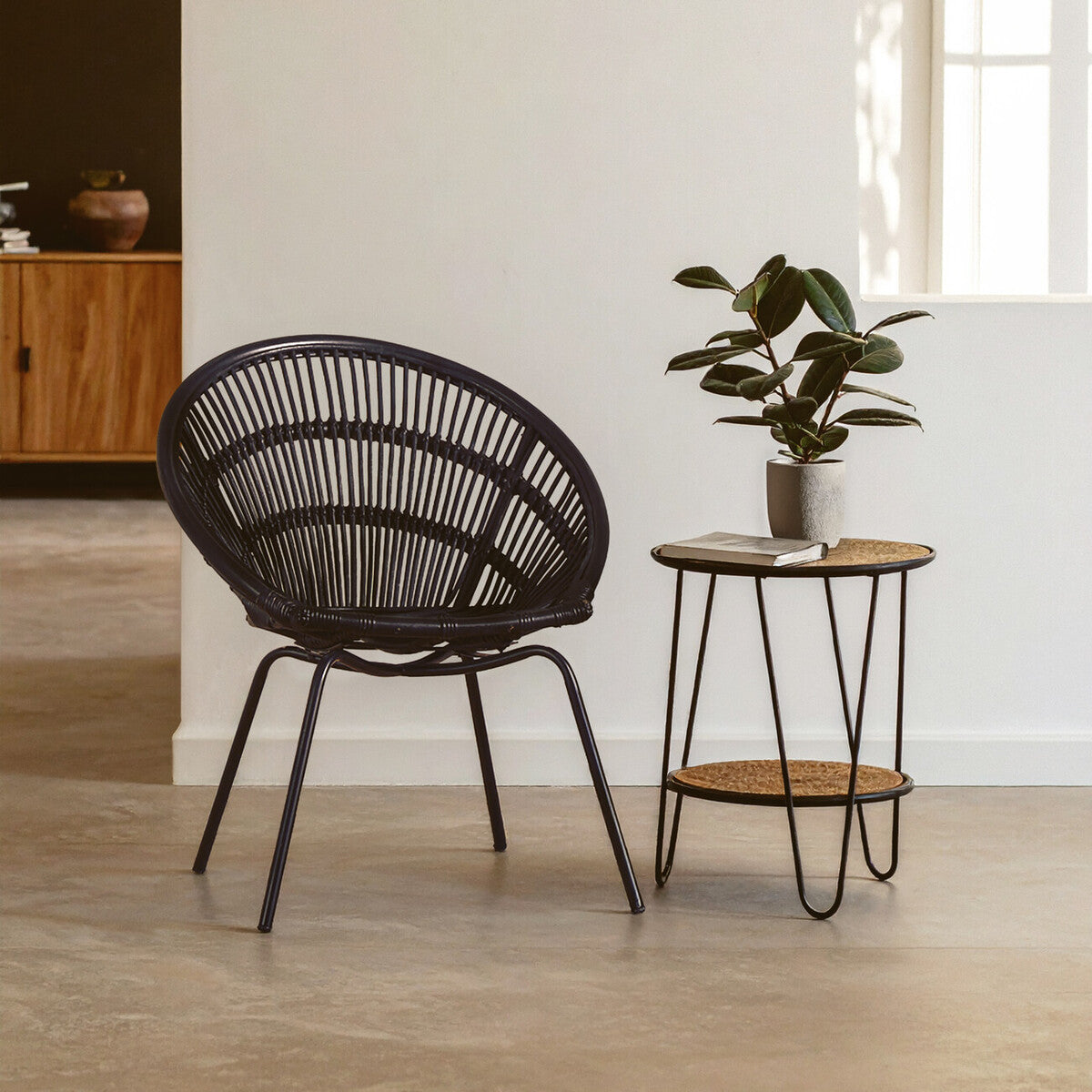 Black Natural Rattan Chair with Iron Legs