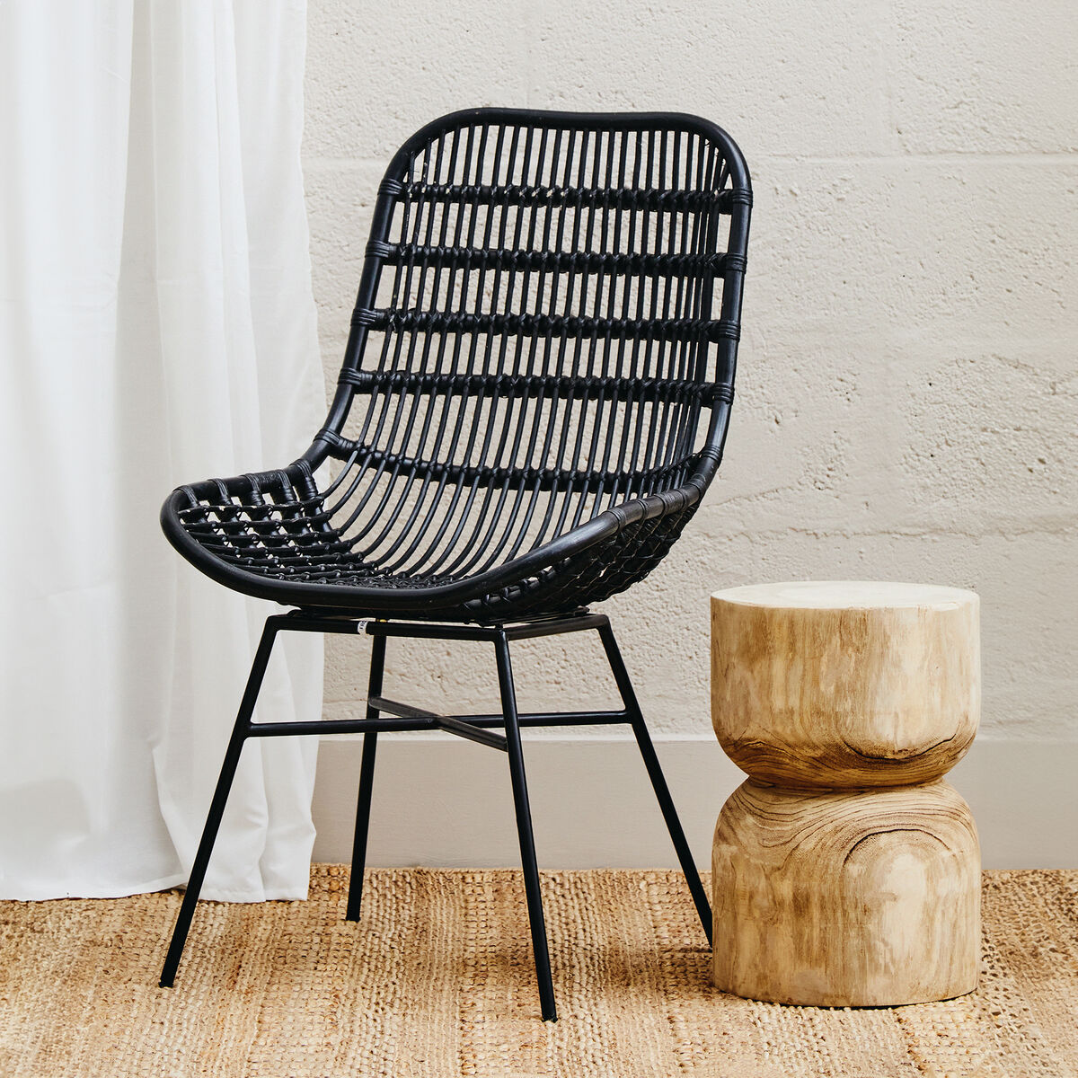 Curved Black Natural Rattan Chair