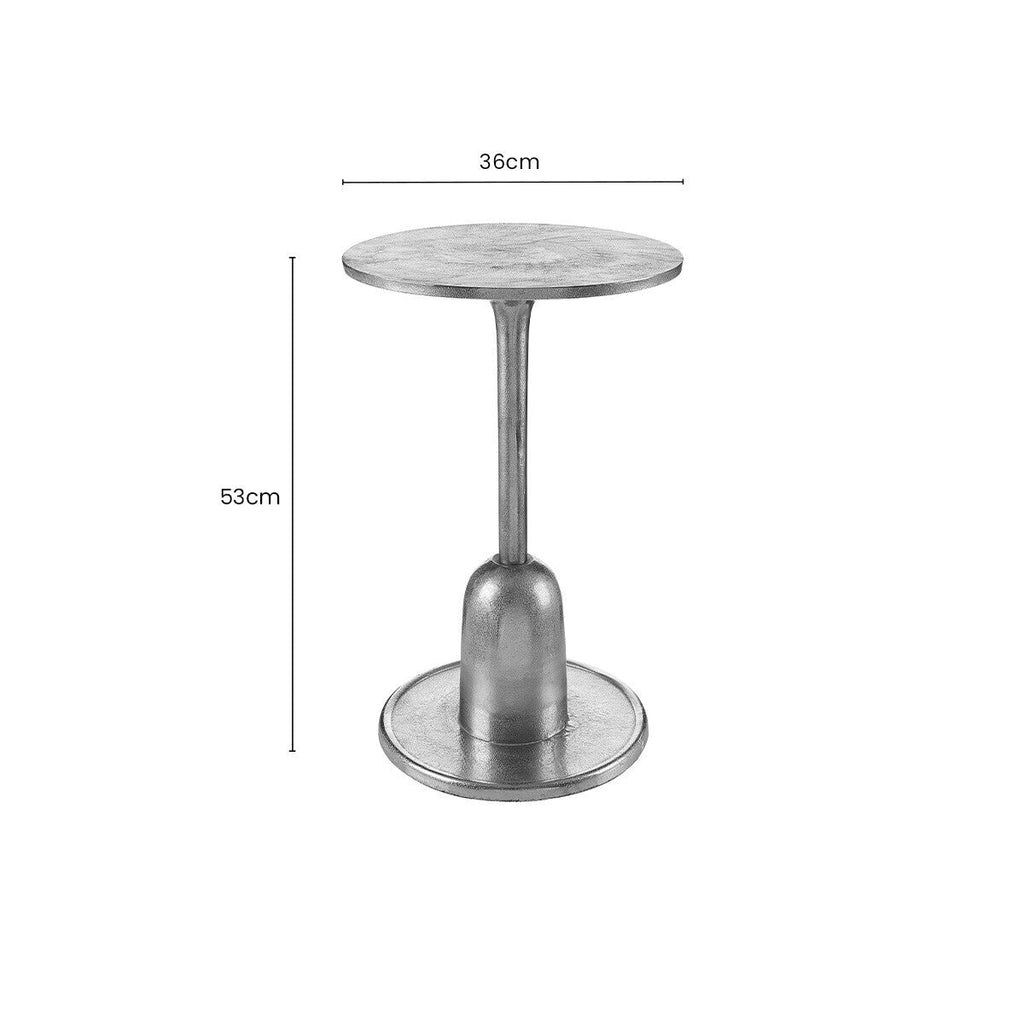 Metallic Silver Round Side Table with Asymmetrical Design