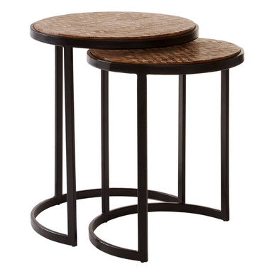 Set of Two Handcrafted Chevron Natural Wood Top Nesting Tables with Black Iron Legs